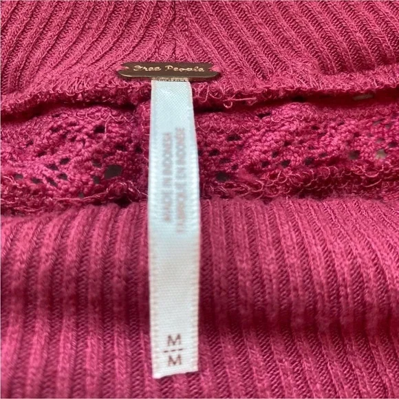 FREE PEOPLE Lace Yoke Top Burgundy Waffle Knit Mock Neck M Boho - Picture 2 of 10